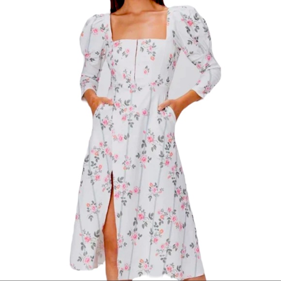 For Love & Lemons x Free People XS 0/2 Ivory Pink Floral Stripe Puff Sleeve Midi - Picture 5 of 15